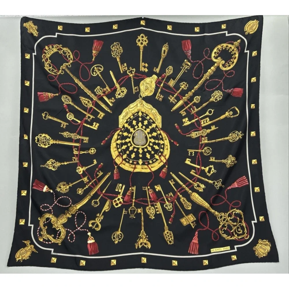Hermes Scarf Silk Black Gold the Keys Print Square Les Kles 90 Carre France